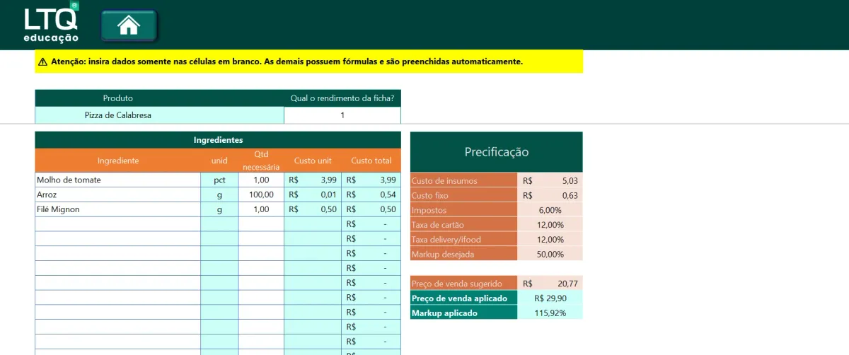 Ficha técnica de um doce, com ingredientes e o preço sugerido